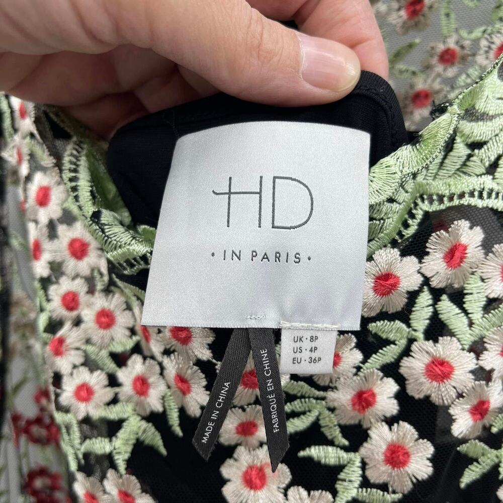 HD in Paris Emilia Dress 4P Blk Floral Embroidered‎ Mesh Fit Flare Anthropologie - Picture 6 of 9